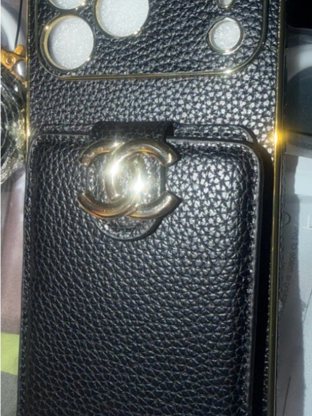 Black Leather Textured Phone Case with Gold Accent